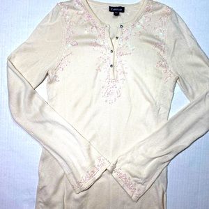 🦋🦄BeBe Cream Sparkle Silk/Cashmere Bell Sleeves Sequins Soft Woman’s Sweater M